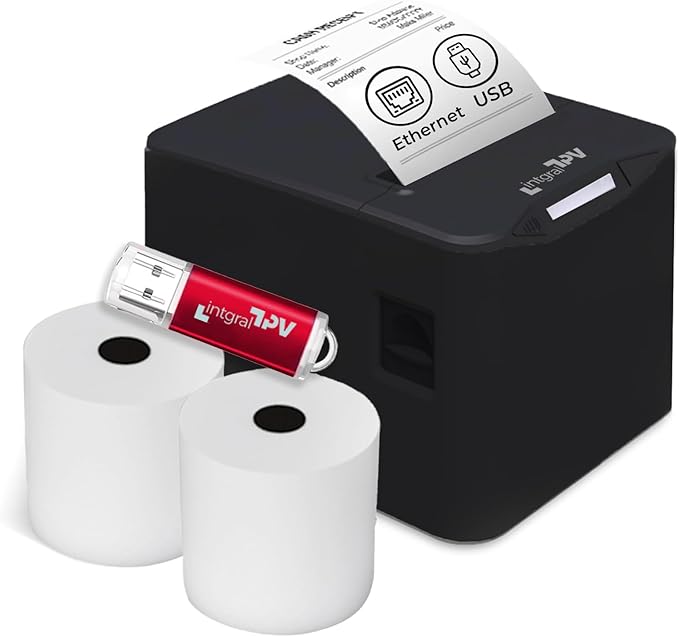 8370 Impresora Térmica Recibos/Tickets 80mm – Puerto/Conexión: USB, LAN/RJ45, RJ11 – Corte Automático – Win, Linux, Android, Mac – Rollo Extra y pendrive Drivers – TPV POS (Negro) - IntgralTPV